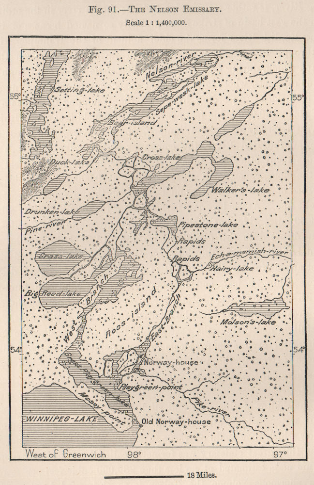 The Nelson Emissary. Lake Winnipeg. Ross Island. Manitoba, Canada 1885 old map